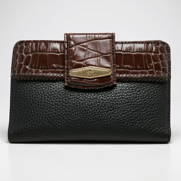 Brighton Vintage Leather Croc Embossed Bi-Fold Checkbook Wallet Brown/Black - Picture 1 of 10